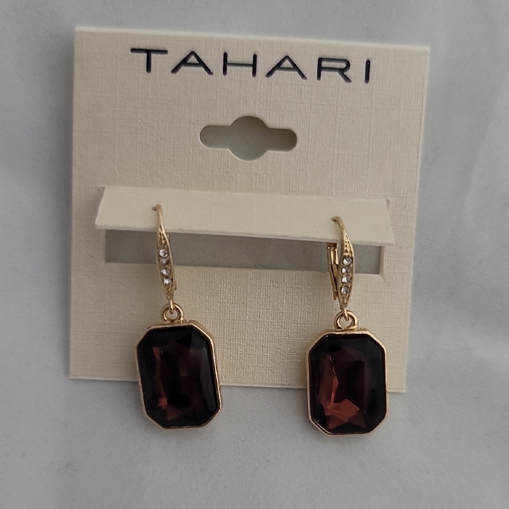 Tahari Gold-Tone Dark Burgundy Emerald-Cut Crystal Drop Earrings - Picture 11 of 11